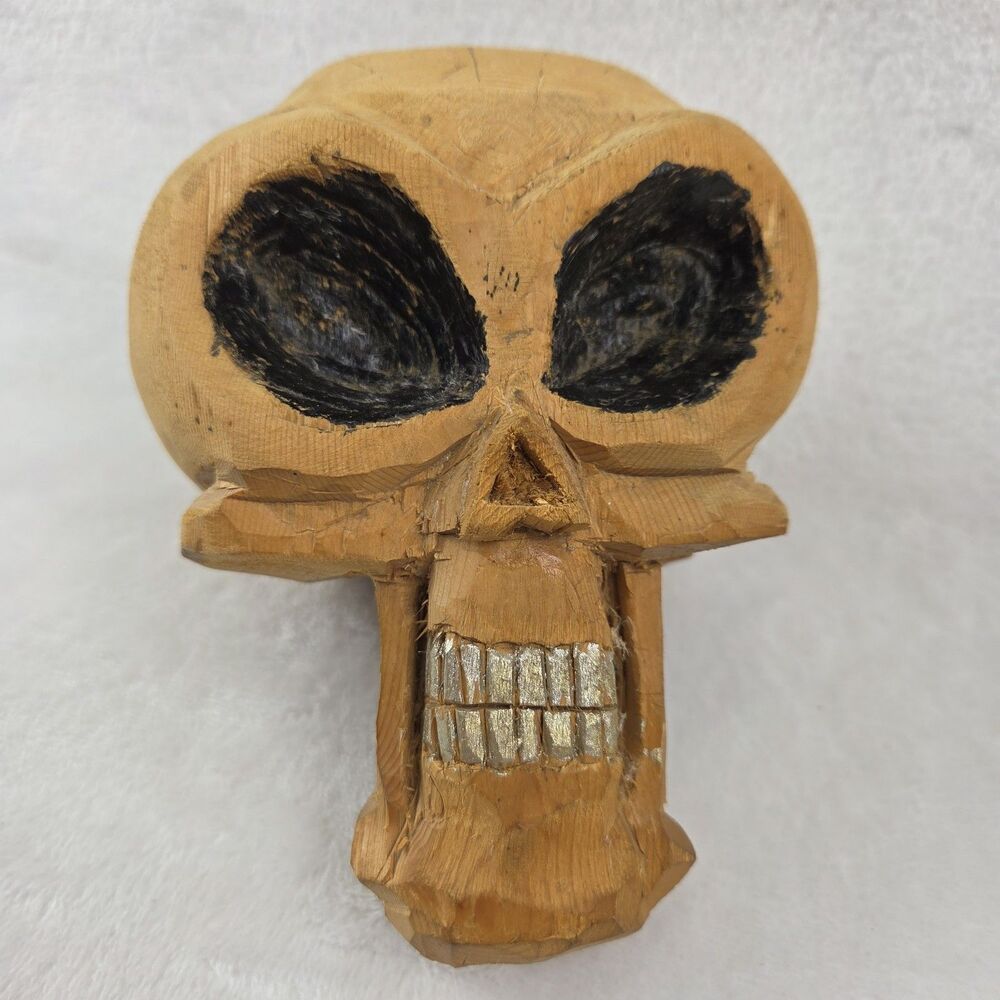 Hand Carved Wooden Skull Folk Art Decor – Rustic Primitive‎ Style
